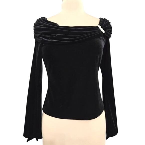 Xscape Tops - Xscape by Joanna Chen Black Crushed Velvet Rhinestone Brooch Dressy Top Small